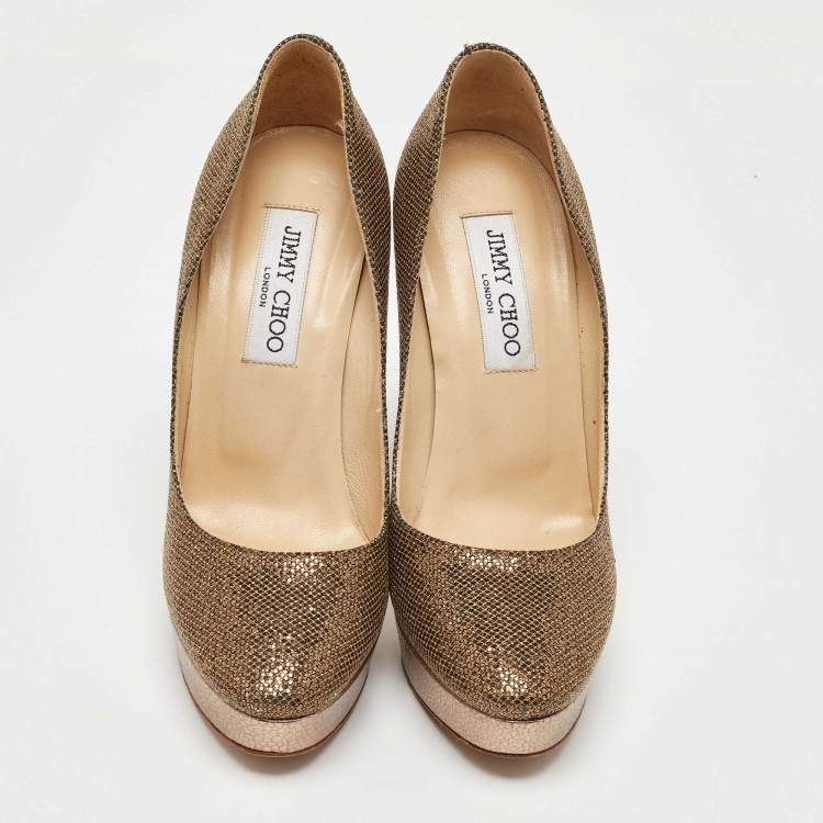 Pre Owned Jimmy Choo Gold Glitter and Leather Cosmic Platform Pumps Size 37.5