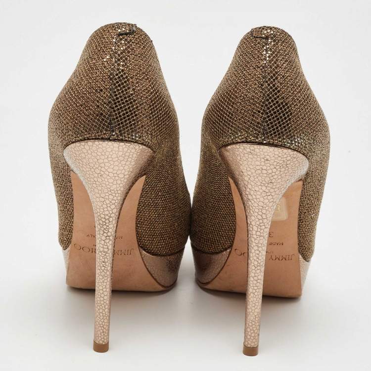 Pre Owned Jimmy Choo Gold Glitter and Leather Cosmic Platform Pumps Size 37.5