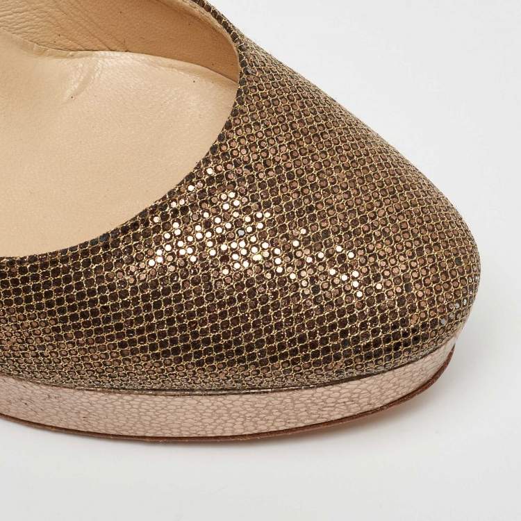 Pre Owned Jimmy Choo Gold Glitter and Leather Cosmic Platform Pumps Size 37.5