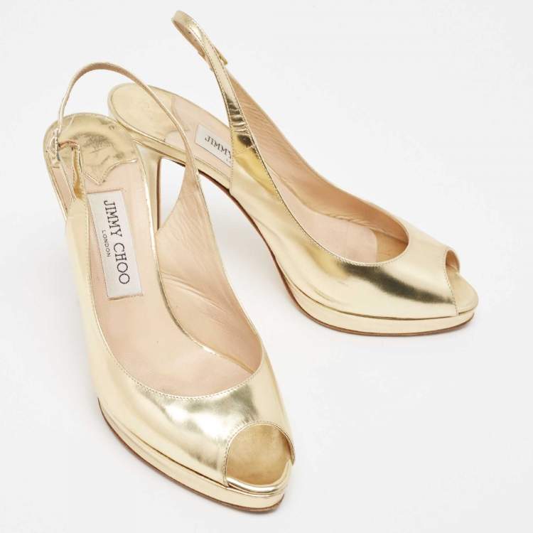مملوكة مسبقًا Jimmy Choo Gold Leather Nova Slingback Peep Toe Pumps Size 37.5