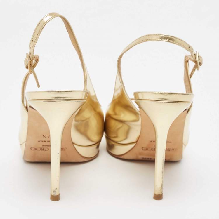 مملوكة مسبقًا Jimmy Choo Gold Leather Nova Slingback Peep Toe Pumps Size 37.5