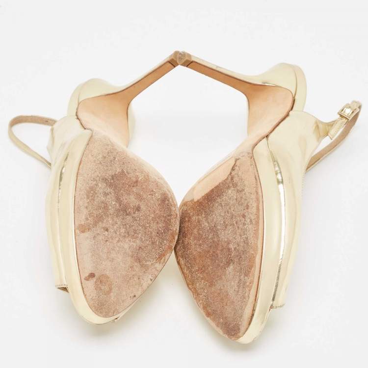 مملوكة مسبقًا Jimmy Choo Gold Leather Nova Slingback Peep Toe Pumps Size 37.5