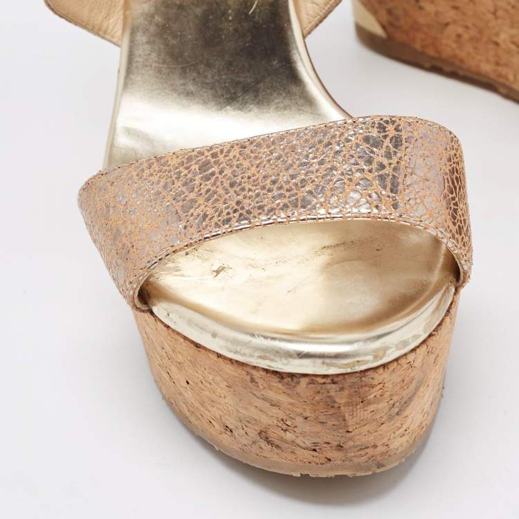 Pre Owned Jimmy Choo Metallic Gold Leather Cork Wedge Sandals Size 37