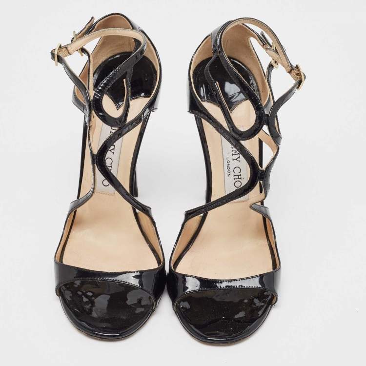 Pre Owned Jimmy Choo Black Patent Lance  Strappy Sandals Size 37.5