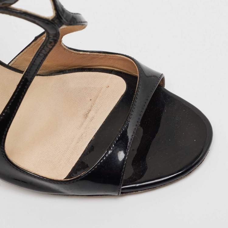 Pre Owned Jimmy Choo Black Patent Lance  Strappy Sandals Size 37.5