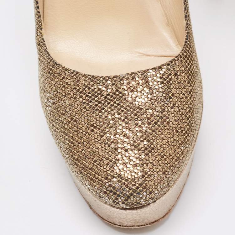 Pre Owned Jimmy Choo Metallic Glitter Fabric Platform Pumps Size 39.5 