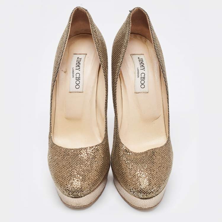 Pre Owned Jimmy Choo Metallic Glitter Fabric Platform Pumps Size 39.5 