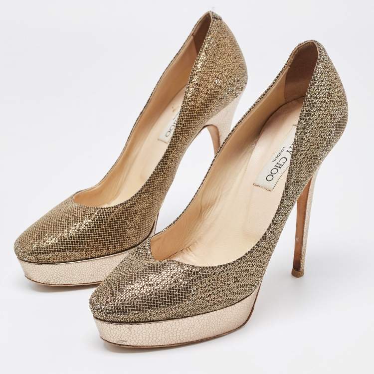 Pre Owned Jimmy Choo Metallic Glitter Fabric Platform Pumps Size 39.5 