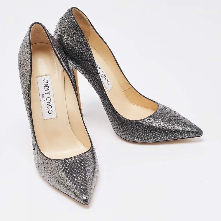 Pre Owned Jimmy Choo Metallic Silver Python Embossed Romy Pumps Size 37