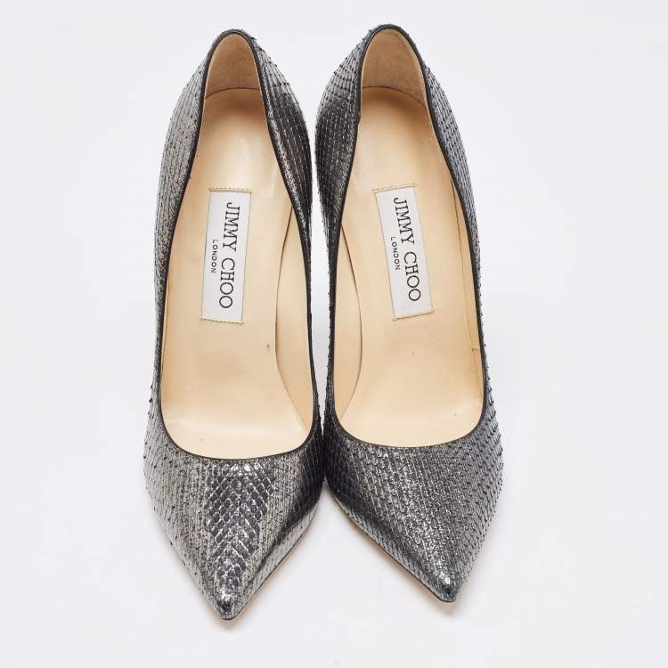 Pre Owned Jimmy Choo Metallic Silver Python Embossed Romy Pumps Size 37