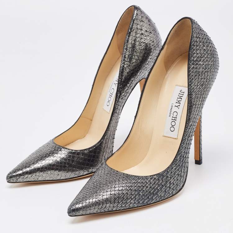 Pre Owned Jimmy Choo Metallic Silver Python Embossed Romy Pumps Size 37