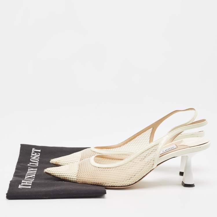 Pre Owned Jimmy Choo Off White Mesh and Patent Leather Fetto Slingback Pumps Size 39