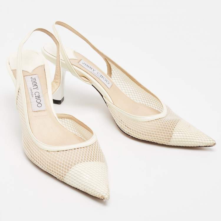 Pre Owned Jimmy Choo Off White Mesh and Patent Leather Fetto Slingback Pumps Size 39