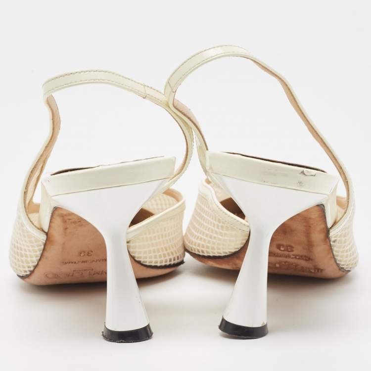 Pre Owned Jimmy Choo Off White Mesh and Patent Leather Fetto Slingback Pumps Size 39