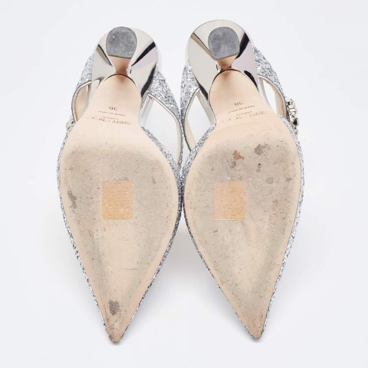 Pre Owned Jimmy Choo Silver Coarse Glitter Smokey Mules Size 36