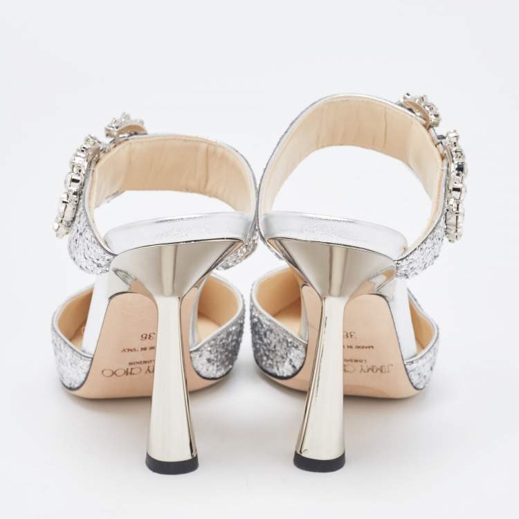 Pre Owned Jimmy Choo Silver Coarse Glitter Smokey Mules Size 36
