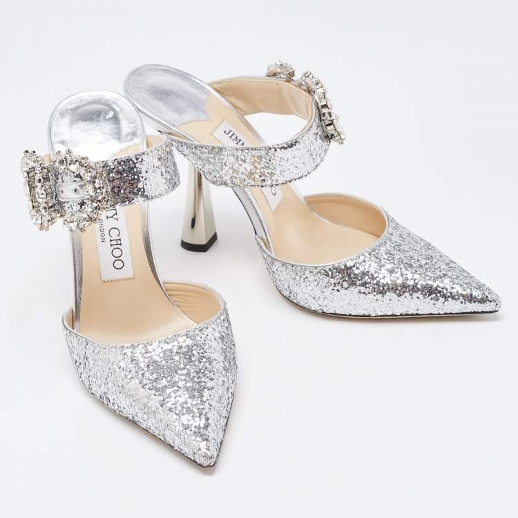 Pre Owned Jimmy Choo Silver Coarse Glitter Smokey Mules Size 36