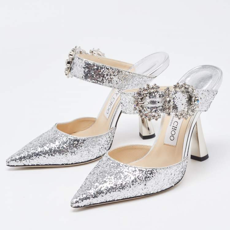Pre Owned Jimmy Choo Silver Coarse Glitter Smokey Mules Size 36