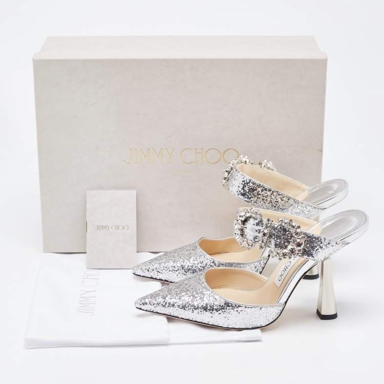 Pre Owned Jimmy Choo Silver Coarse Glitter Smokey Mules Size 36