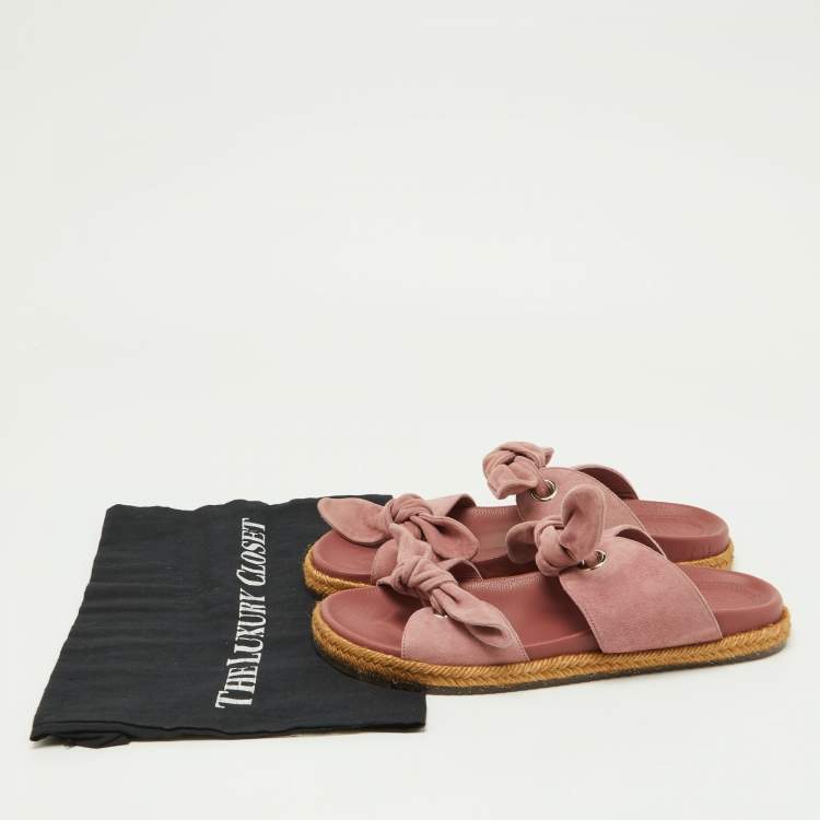 Pre Owned Jimmy Choo Pink Suede Bow Flat Slides Size 38