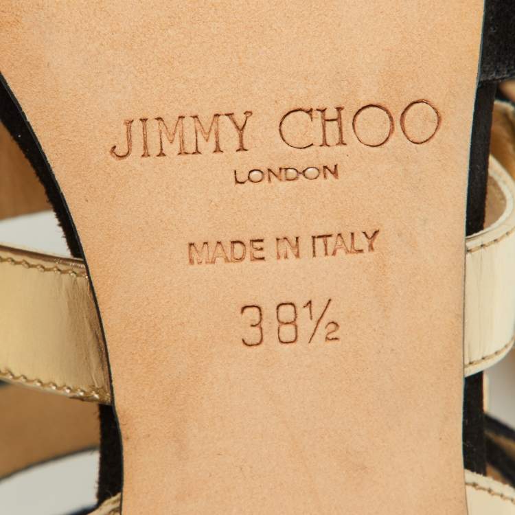 Pre Owned Jimmy Choo Black/Gold Suede and Patent Leather Booster Gladiator Sandals Size 38.5