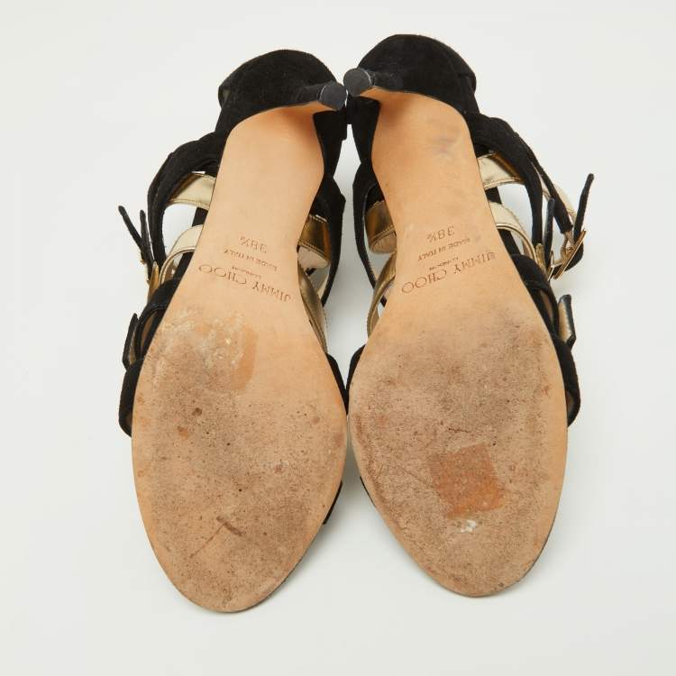 Pre Owned Jimmy Choo Black/Gold Suede and Patent Leather Booster Gladiator Sandals Size 38.5