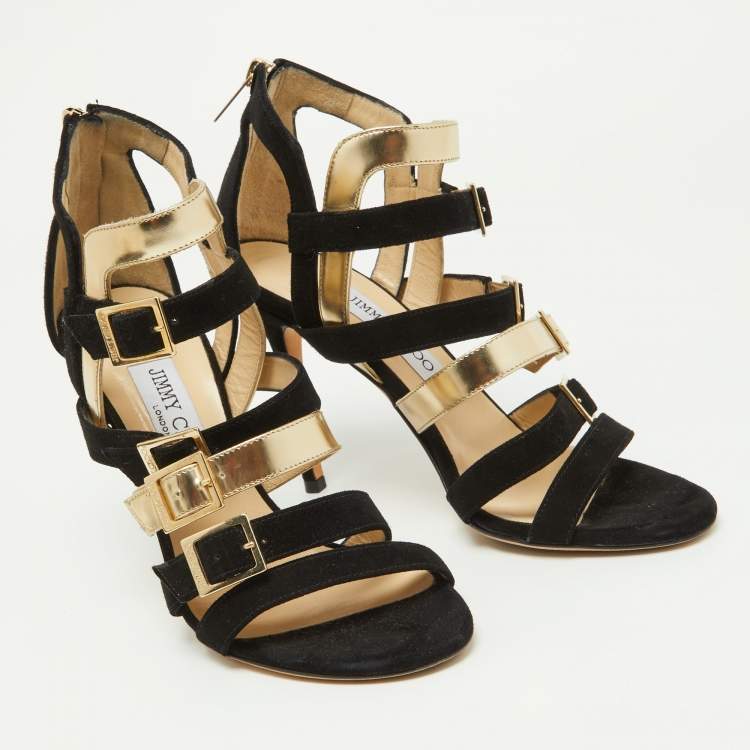 Pre Owned Jimmy Choo Black/Gold Suede and Patent Leather Booster Gladiator Sandals Size 38.5
