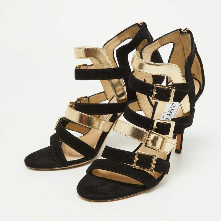 Pre Owned Jimmy Choo Black/Gold Suede and Patent Leather Booster Gladiator Sandals Size 38.5