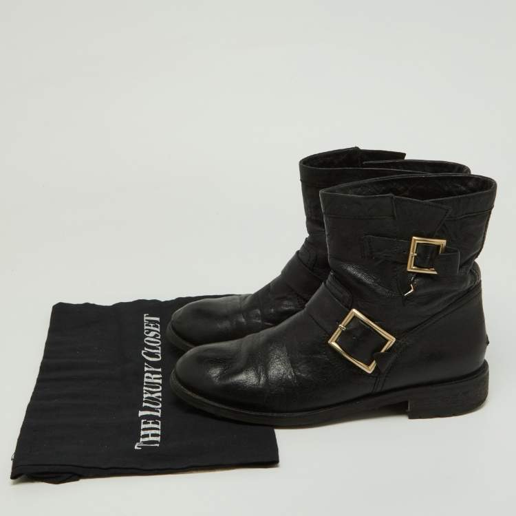 Pre Owned Jimmy Choo Black Leather Biker Ankle Boots Size 39
