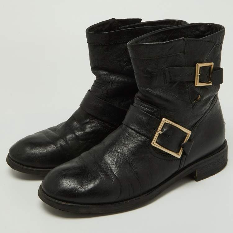 Pre Owned Jimmy Choo Black Leather Biker Ankle Boots Size 39