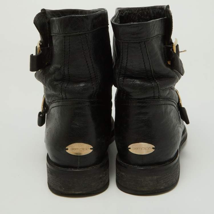Pre Owned Jimmy Choo Black Leather Biker Ankle Boots Size 39