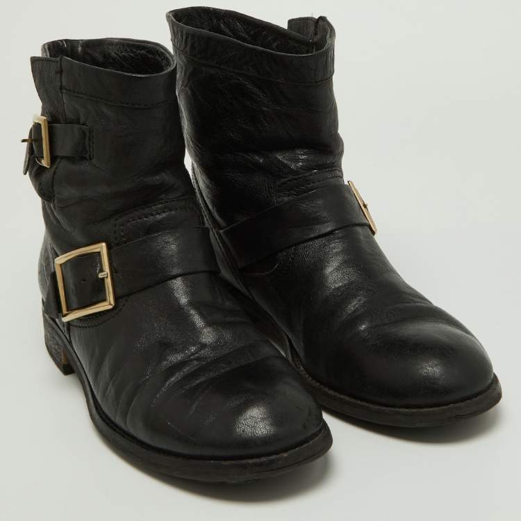 Pre Owned Jimmy Choo Black Leather Biker Ankle Boots Size 39