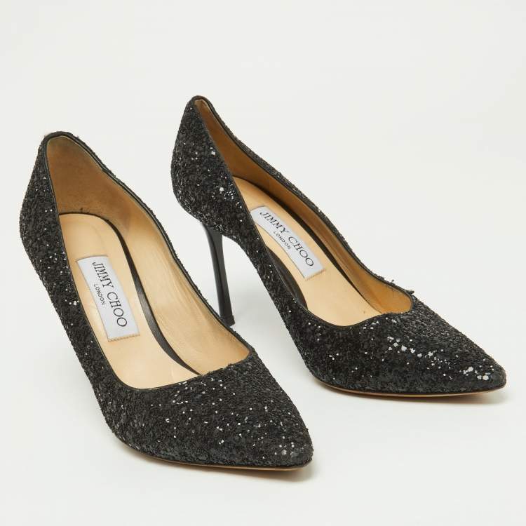 Pre Owned Jimmy Choo Black Coarse Glitter Romy Pumps Size 38