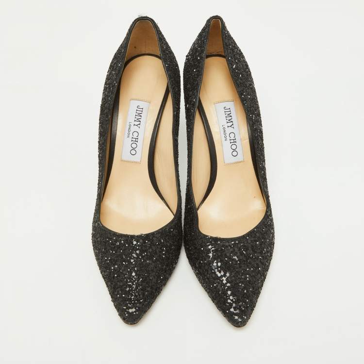 Pre Owned Jimmy Choo Black Coarse Glitter Romy Pumps Size 38