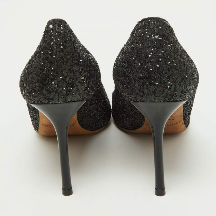 Pre Owned Jimmy Choo Black Coarse Glitter Romy Pumps Size 38