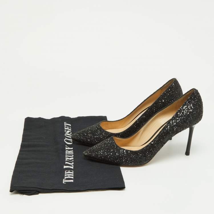 Pre Owned Jimmy Choo Black Coarse Glitter Romy Pumps Size 38