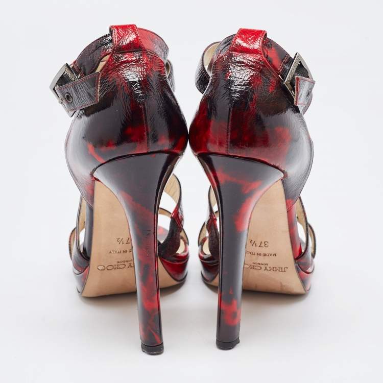 Pre Owned Jimmy Choo Red/Black Leather Criss Cross Ankle Strap Sandals Size 37.5