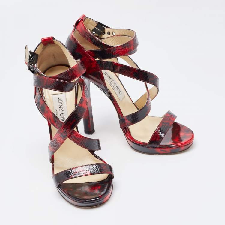 Pre Owned Jimmy Choo Red/Black Leather Criss Cross Ankle Strap Sandals Size 37.5