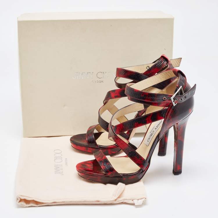 Pre Owned Jimmy Choo Red/Black Leather Criss Cross Ankle Strap Sandals Size 37.5