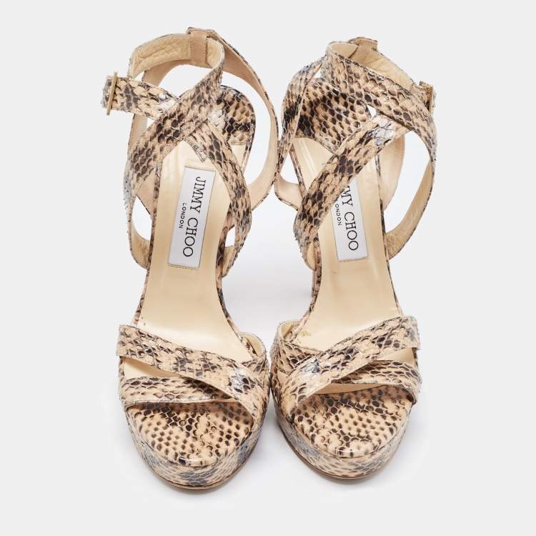 Pre Owned Jimmy Choo Beige/Black Watersnake Leather Vamp Sandals Size 39.5