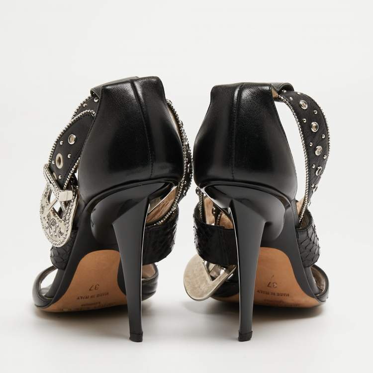 Pre Owned Jimmy Choo Black Embossed Python and Leather Studded Ankle Wrap Sandals Size 37