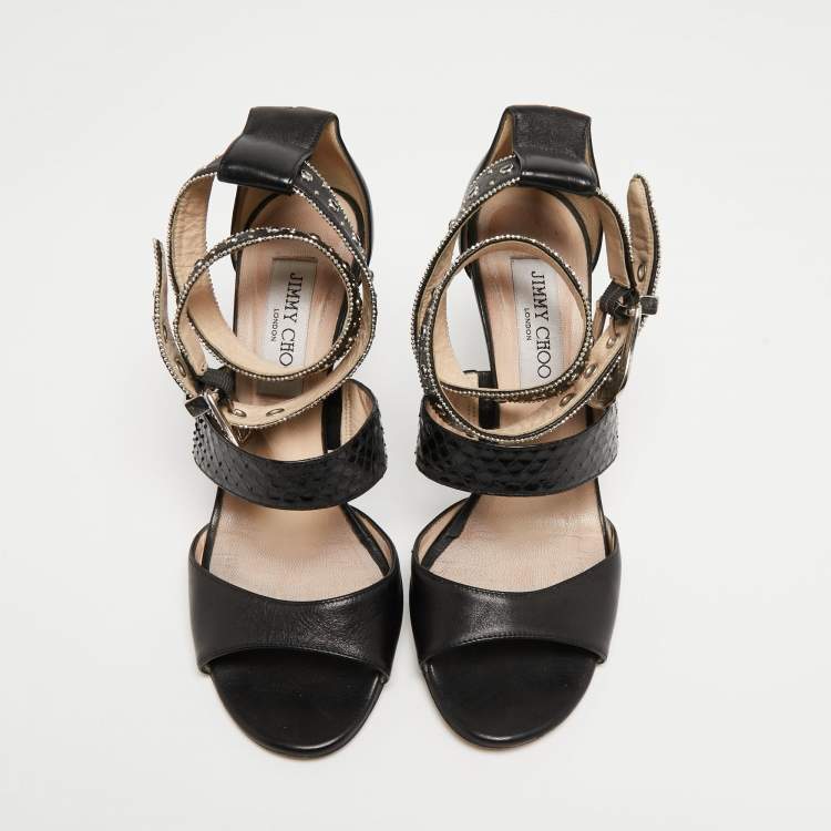 Pre Owned Jimmy Choo Black Embossed Python and Leather Studded Ankle Wrap Sandals Size 37