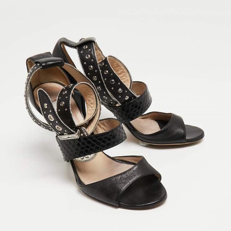 Pre Owned Jimmy Choo Black Embossed Python and Leather Studded Ankle Wrap Sandals Size 37