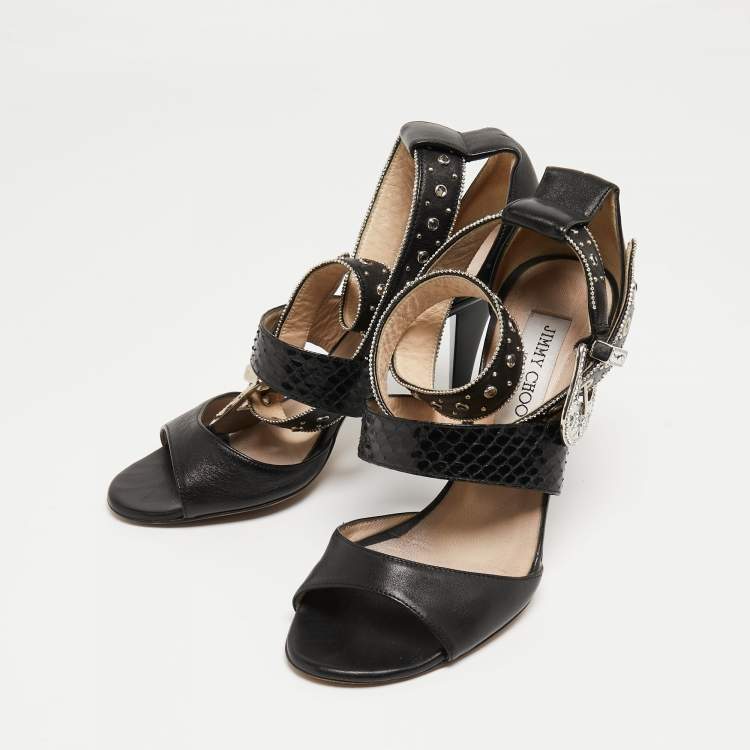 Pre Owned Jimmy Choo Black Embossed Python and Leather Studded Ankle Wrap Sandals Size 37