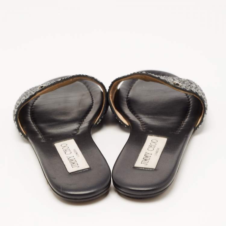 Pre Owned Jimmy Choo Black Glitter Nanda Flat Slides Size 36