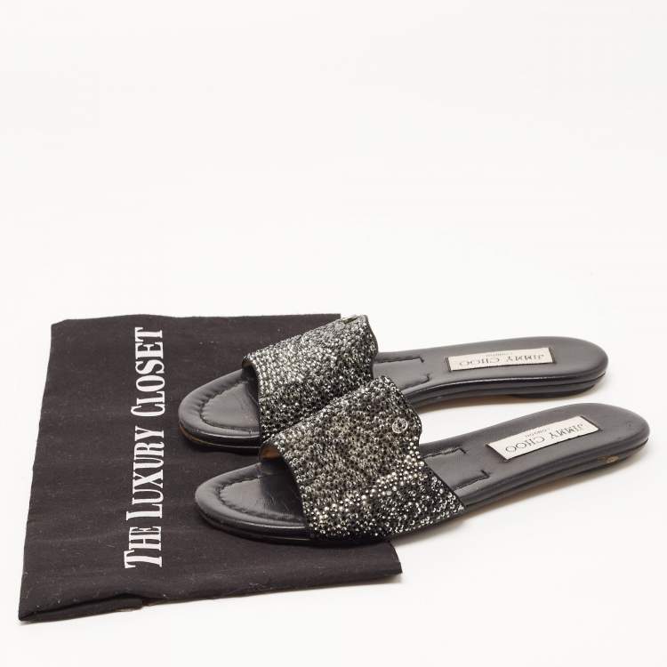 Pre Owned Jimmy Choo Black Glitter Nanda Flat Slides Size 36