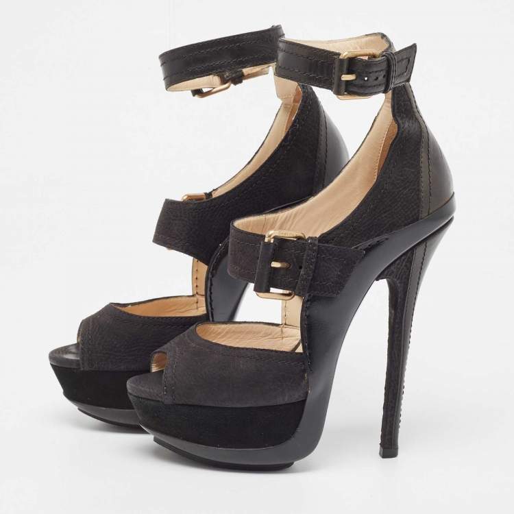 Pre Owned Jimmy Choo Black Nubuck Leather Ankle Strap Sandals Size 36.5 