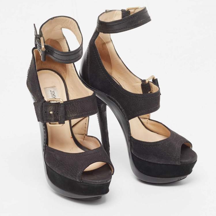 Pre Owned Jimmy Choo Black Nubuck Leather Ankle Strap Sandals Size 36.5 