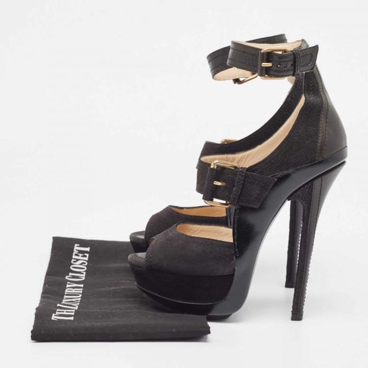 Pre Owned Jimmy Choo Black Nubuck Leather Ankle Strap Sandals Size 36.5 