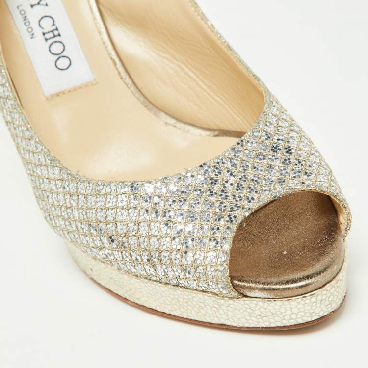 Pre Owned Jimmy Choo Gold Glitter And Lurex Fabric Nova Peep Toe Slingback Sandals Size 37.5